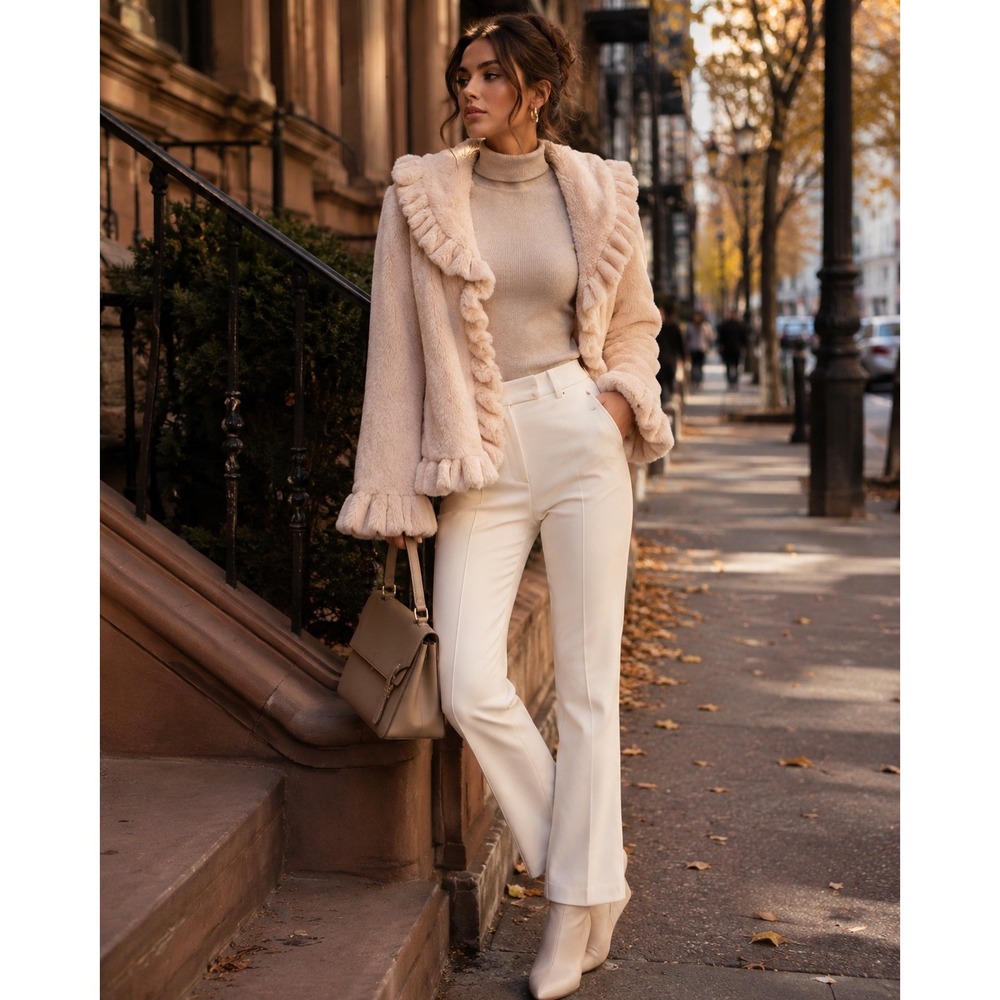 Damselle New York Jacket Faux Fur Ruffle Trim XS Glam Coquette Luxury Designer